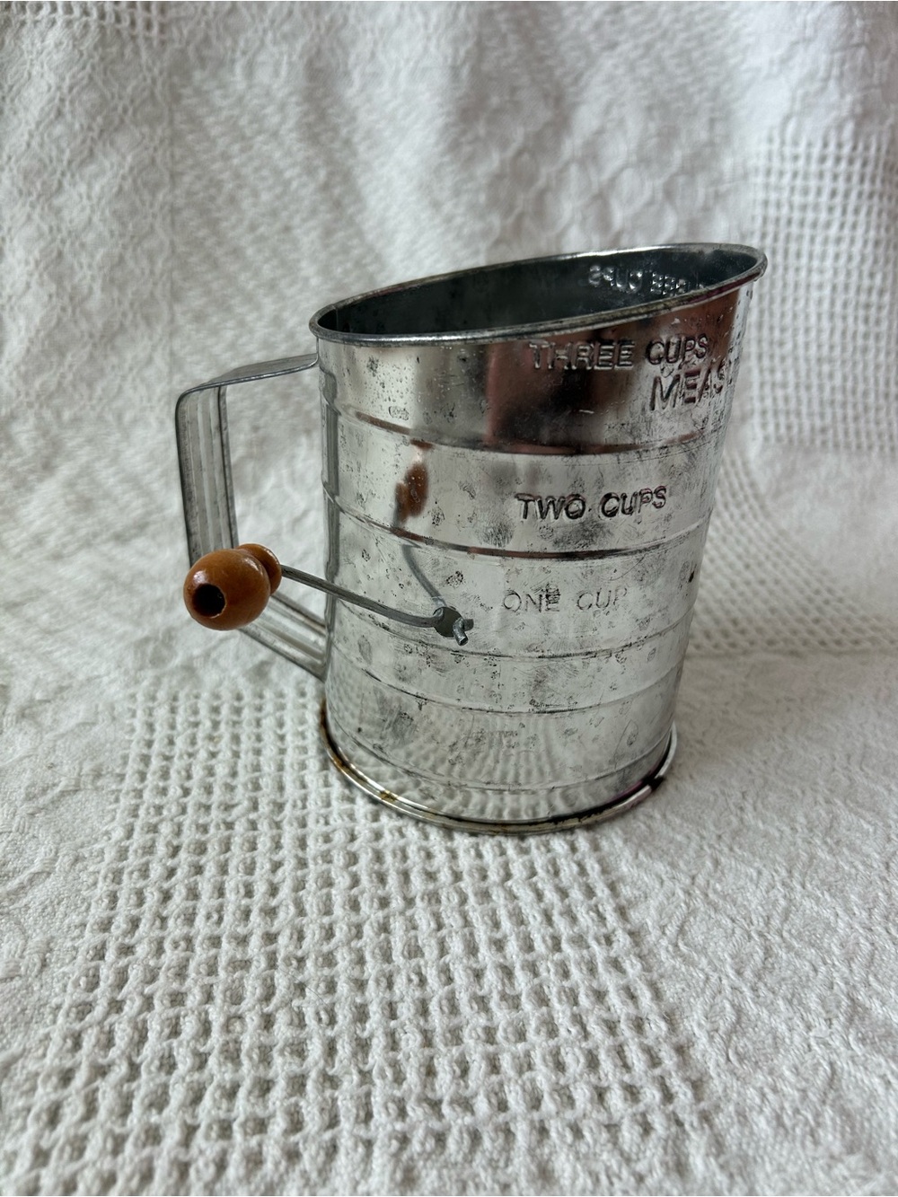 Metal Flour Sifter with Wooden Turn Handle - Silver & Brown